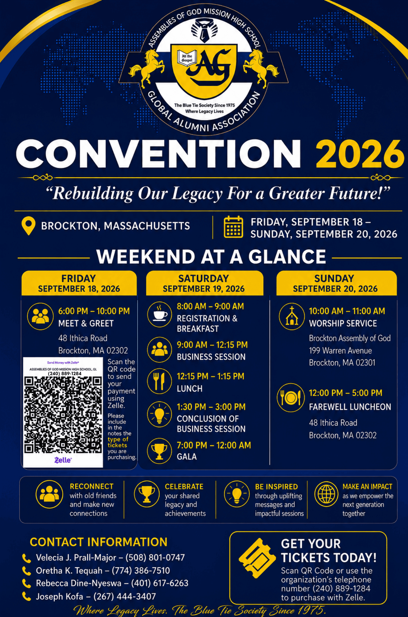 Convention 2026 flyer with the complete weekend schedule and ticket QR code