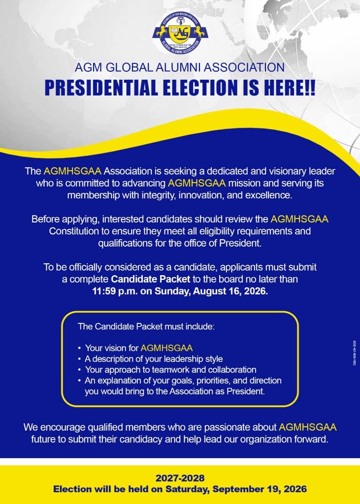 AGMHSGAA Presidential Election 2027–2028 flyer with candidate packet requirements and deadline